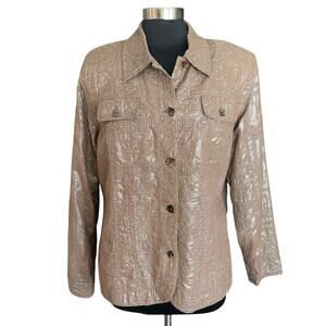 Coldwater Creek Taupe Shimmer Embroidered Cotton Blazer LARGE Work Career Travel